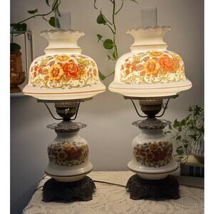 Vintage Floral Hurricane Table Lamps Pair | Victorian Style Milk Glass Lamps